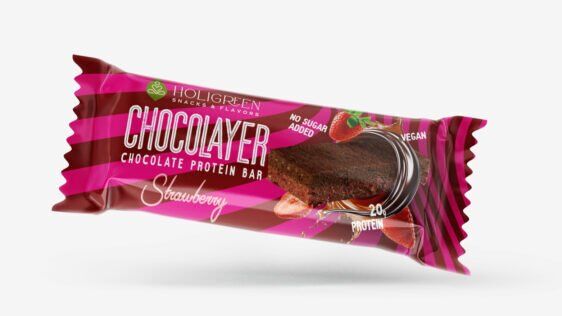 strawberry chocolayer photo Holigreen Χειροποίητη Μπάρα Πρωτεΐνης Σοκολάτα – Φράουλα 60gr - Image 1